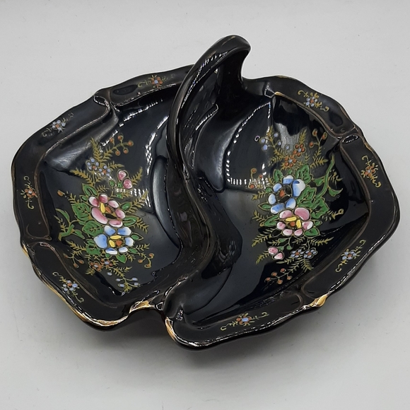 Vintage Black Divided Dish Hand Painted Moriage Flowers Handle Gold Trim Japan - Picture 1 of 9
